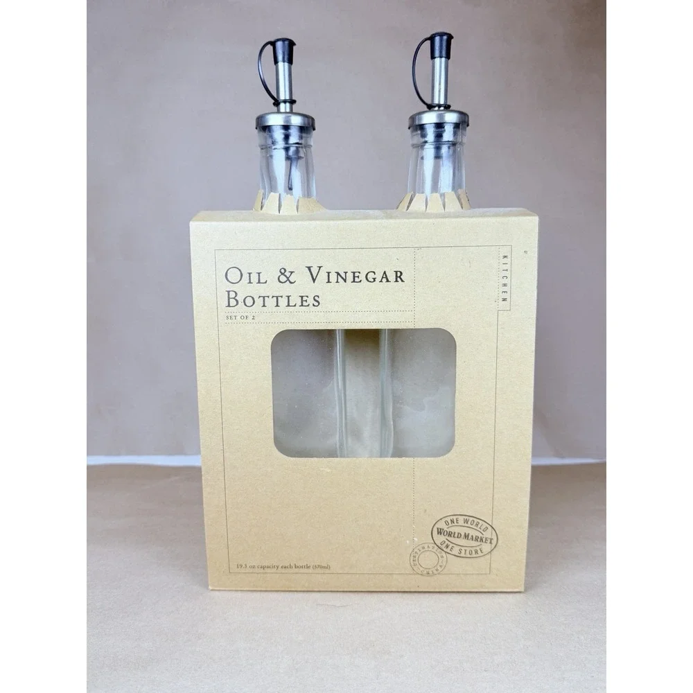 World Market Oil Vinegar Bottles Set 2 Glass 19.3 Oz Pour Spouts New in Box